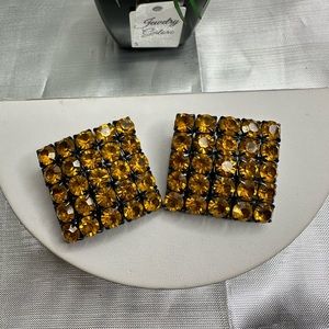 Vintage Large Pat Pending Amber Colored Rhinestone Clip On Earrings
